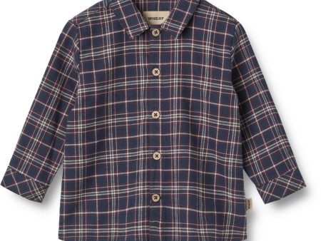 Wheat Navy Check Skjorta Oscar Online Sale